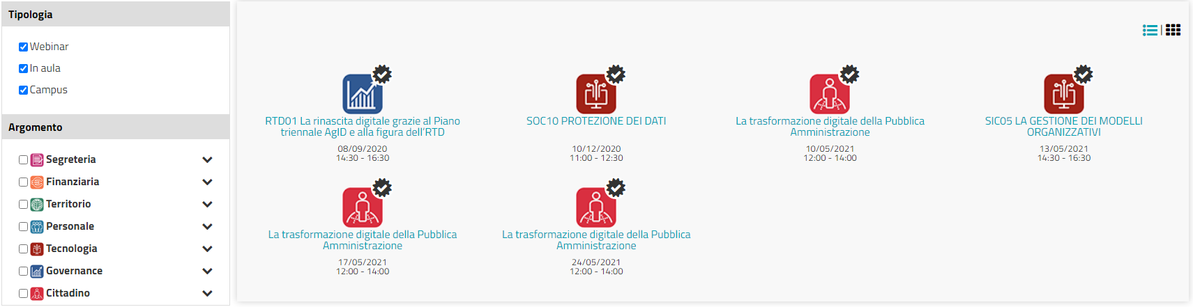 Visualizzazione di tutti i corsi con relativi filtri